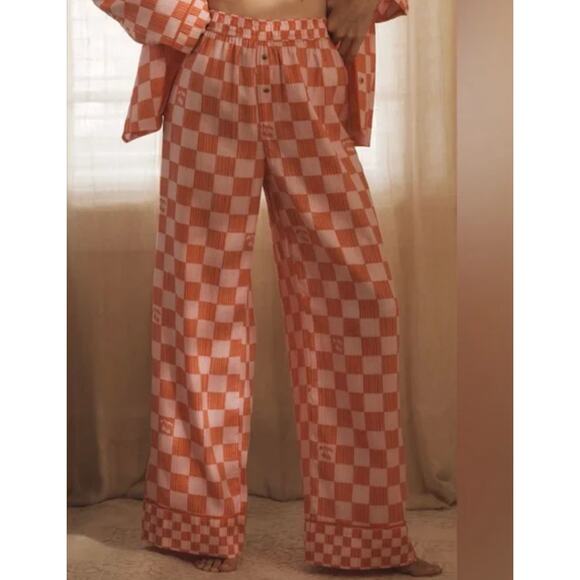 Anthropologie Lin Lee check pink red long pajama sleep lounge cozy pants Small - Picture 1 of 2